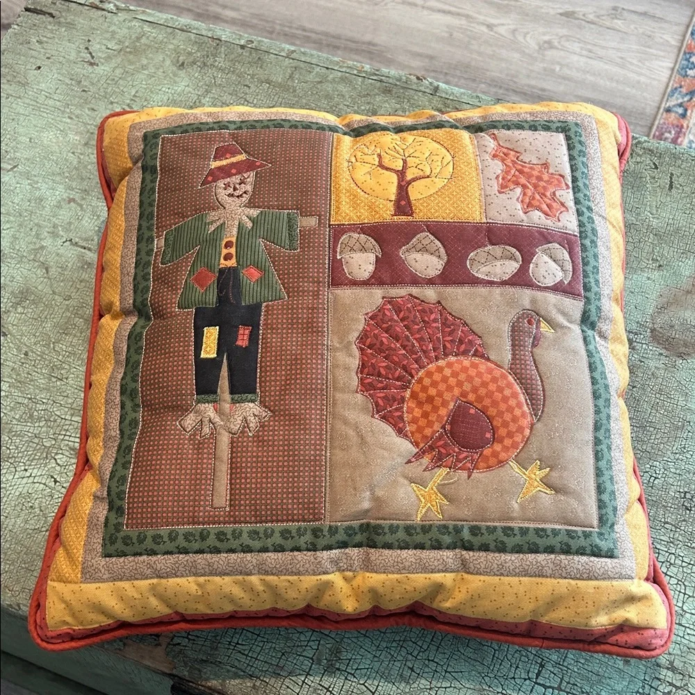 Vintage Fall Harvest Pillow Scarecrow Turkey Quilted Autumn Decor